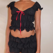 Skirt & Puff-Sleeve Tie Blouse Suit