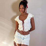Skirt & Puff-Sleeve Tie Blouse Suit