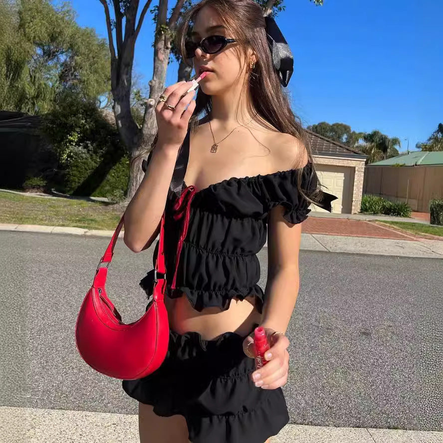 Skirt & Puff-Sleeve Tie Blouse Suit