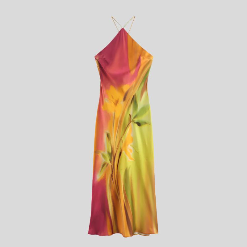 Flowers Multicolor Satin Dress