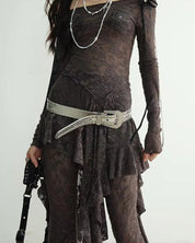 סט שמלה מדורגת עם תייץ מתרחב חום תחרה דגם Rock Princess