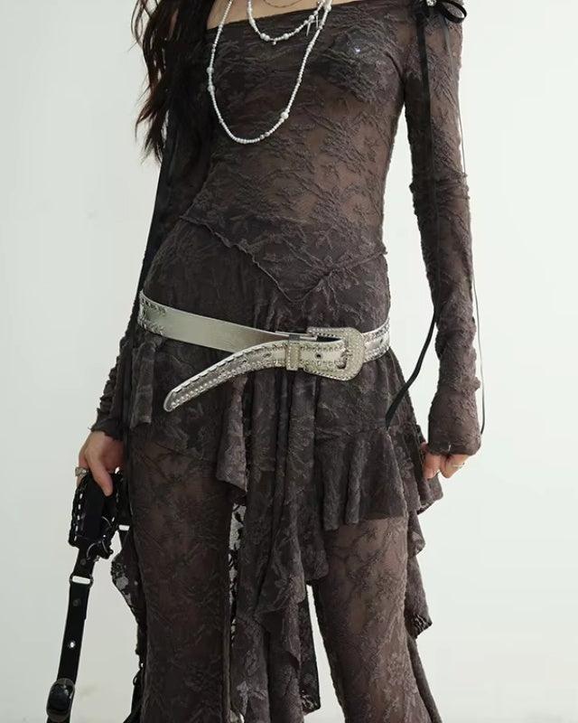 סט שמלה מדורגת עם תייץ מתרחב חום תחרה דגם Rock Princess