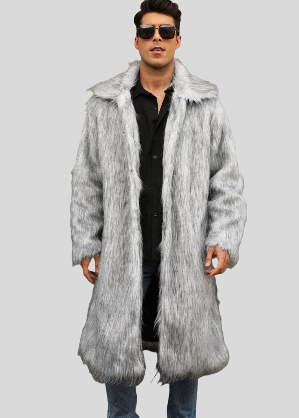 Yellow Lapel Imitation Fox Fur Men's Long Coat