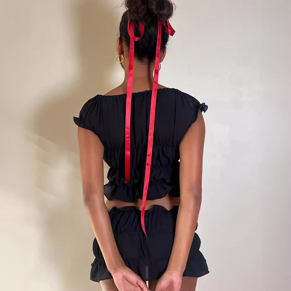 Skirt & Puff-Sleeve Tie Blouse Suit