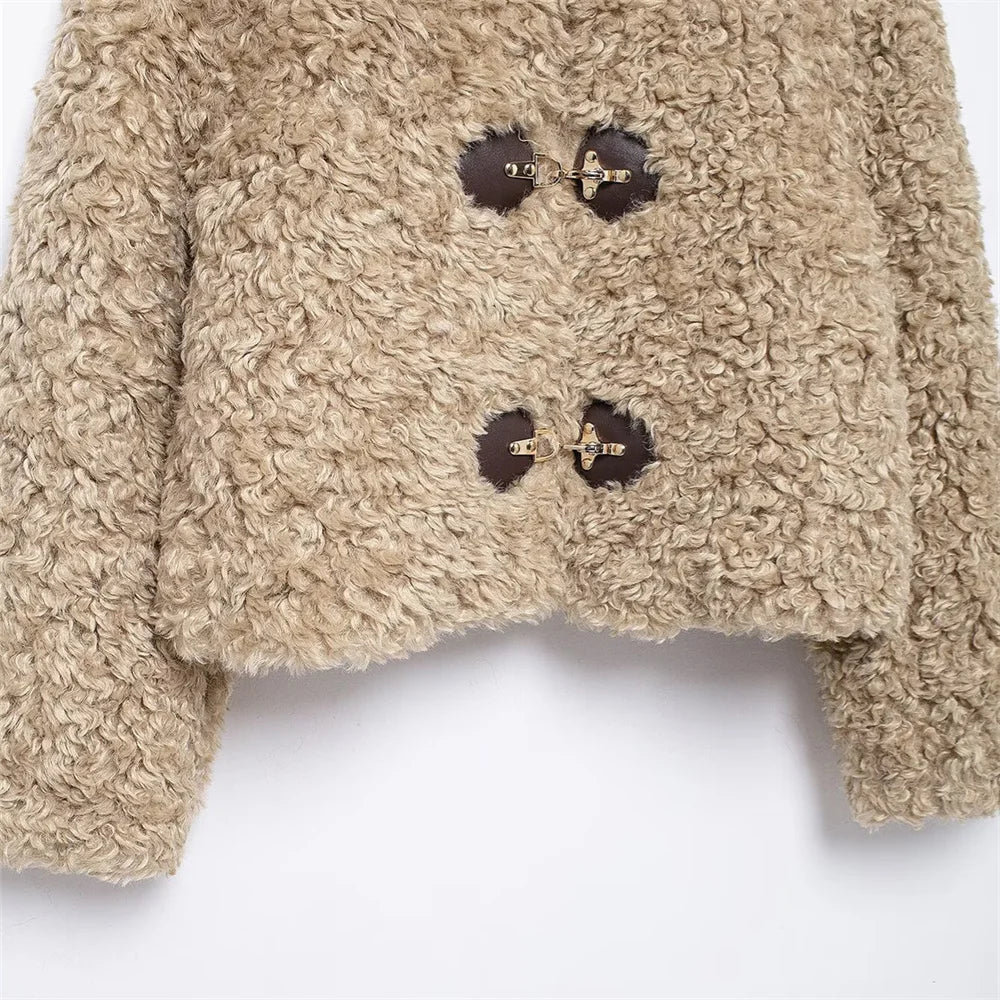 JO Elegant Short Fur Coat with Buckle