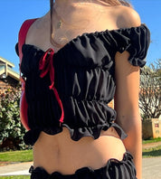 Skirt & Puff-Sleeve Tie Blouse Suit