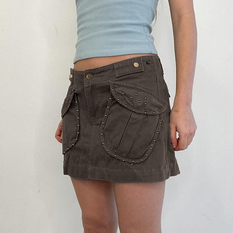 Retro Brown Denim Mini Skirt