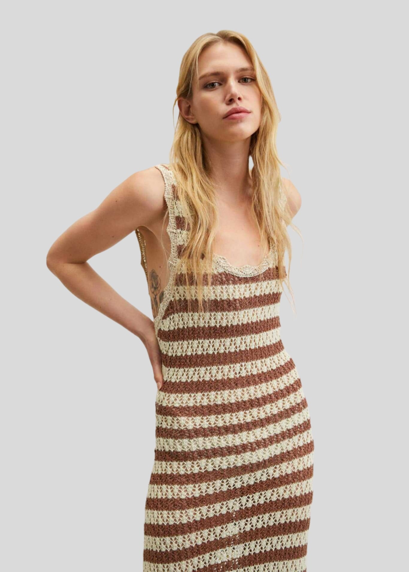 WILL Brown Stripe Crochet Maxi Dress