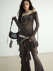סט שמלה מדורגת עם תייץ מתרחב חום תחרה דגם Rock Princess