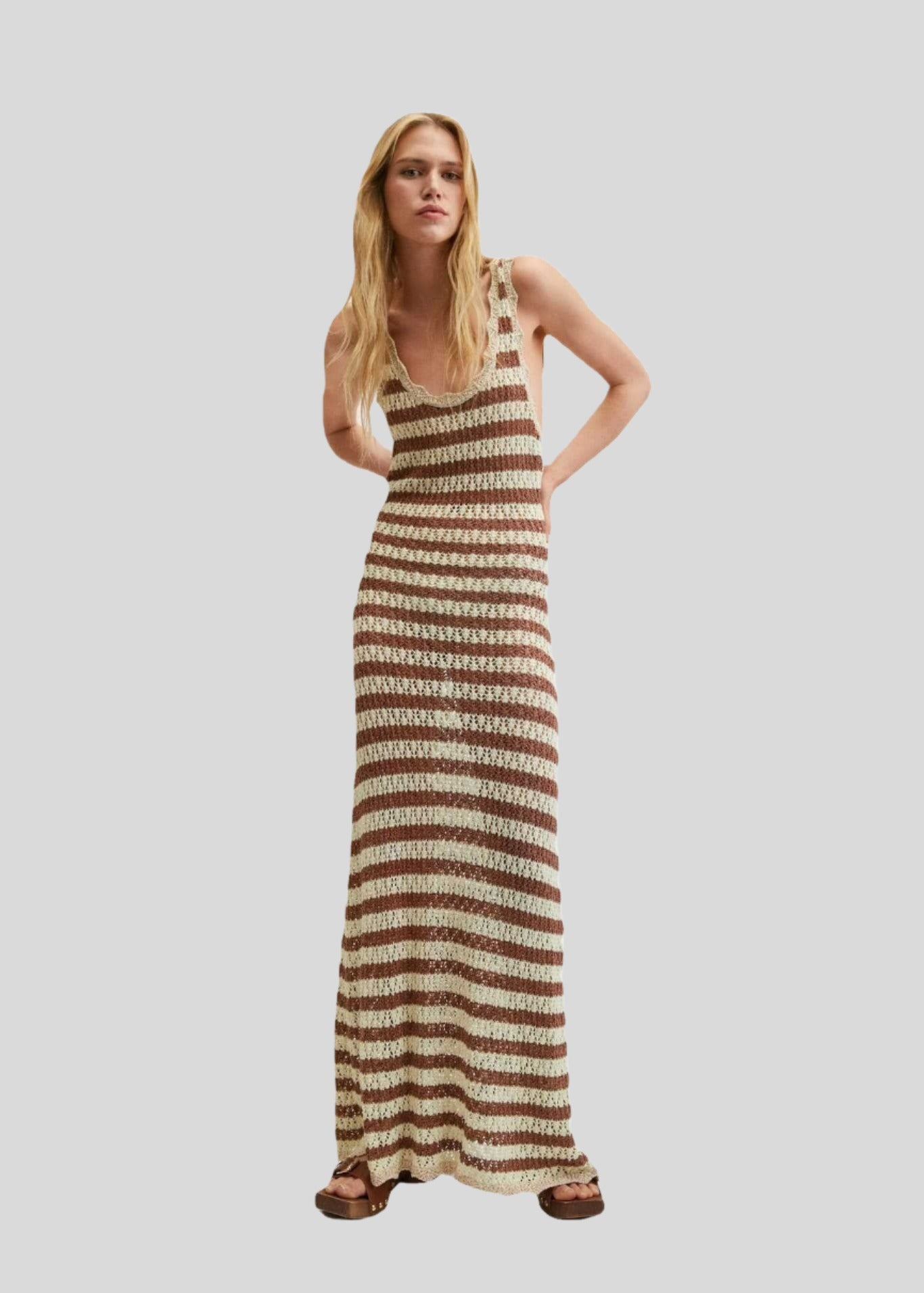 WILL Brown Stripe Crochet Maxi Dress