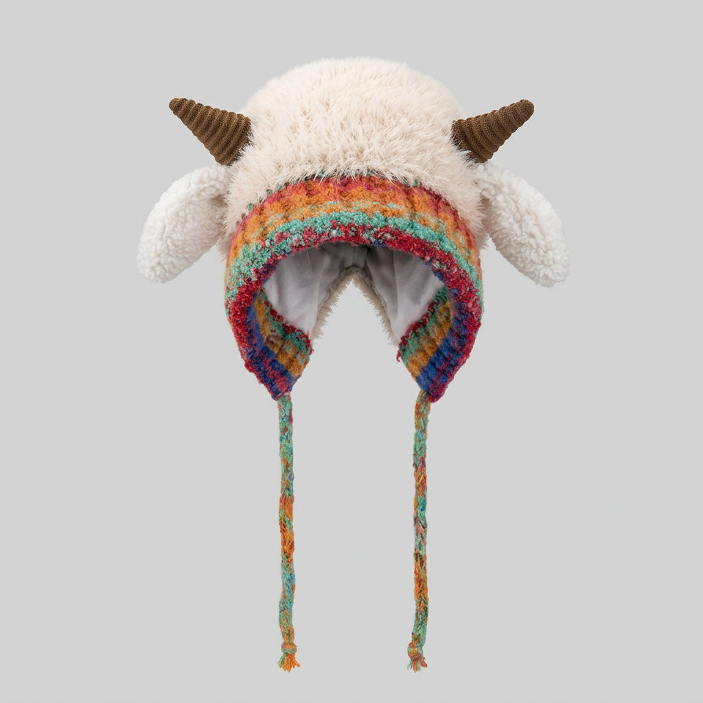 Fluffy Horn Ear Flap Knit Hat