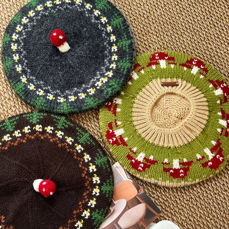 Mushroom Jacquard Knit Beret