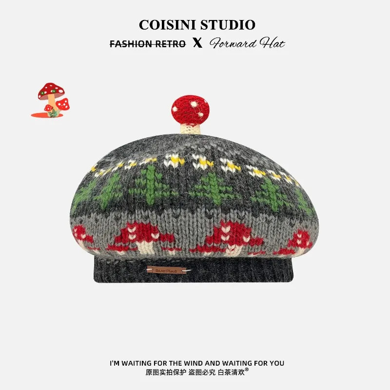 Mushroom Jacquard Knit Beret