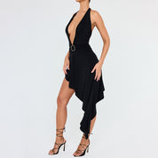 Tiered Black Open-Back Dress